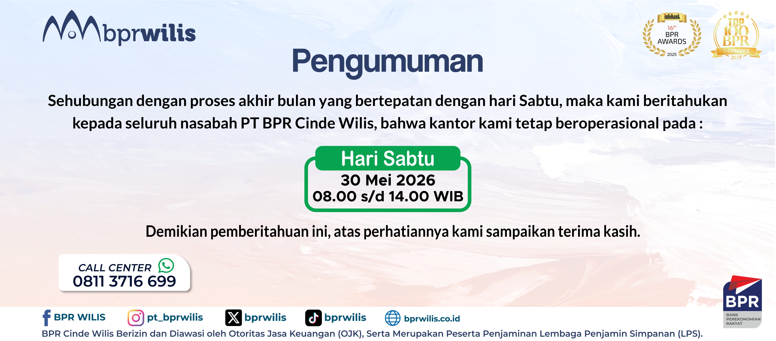 Pengumuman Operasional Kantor di Hari Sabtu 30 Mei 2026