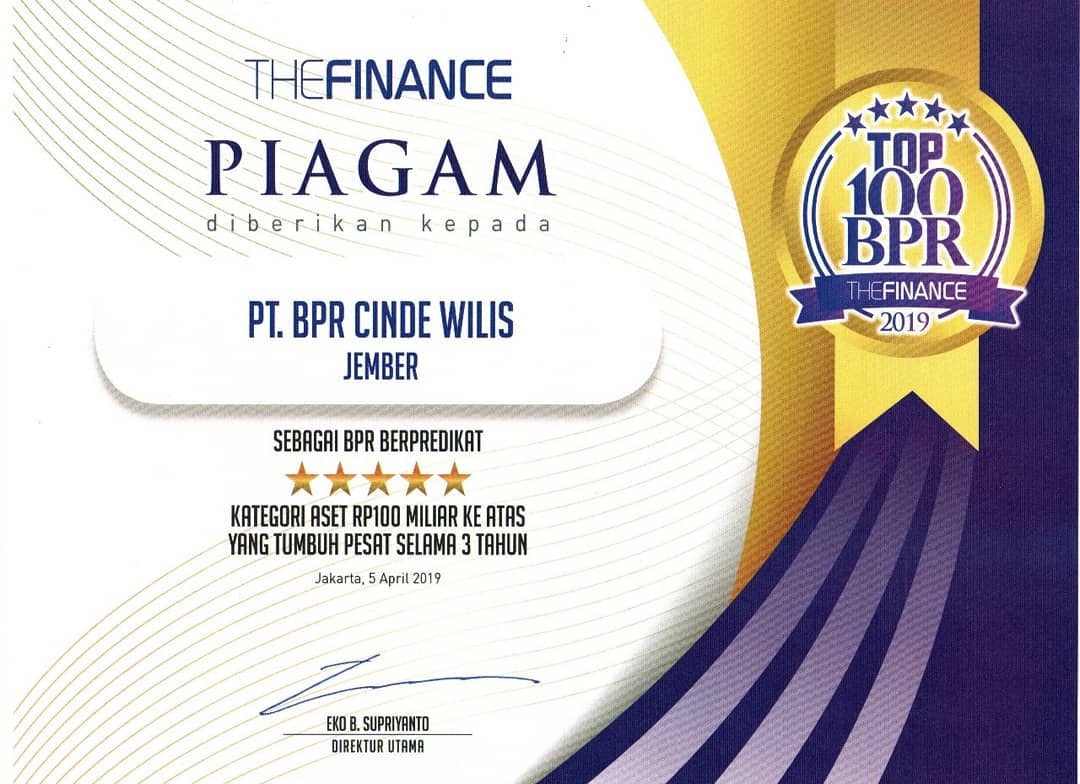 BPR Cinde Wilis Masuk dalam TOP 100 BPR Kategori Aset 100 Miliar ke atas Tahun 2019 	