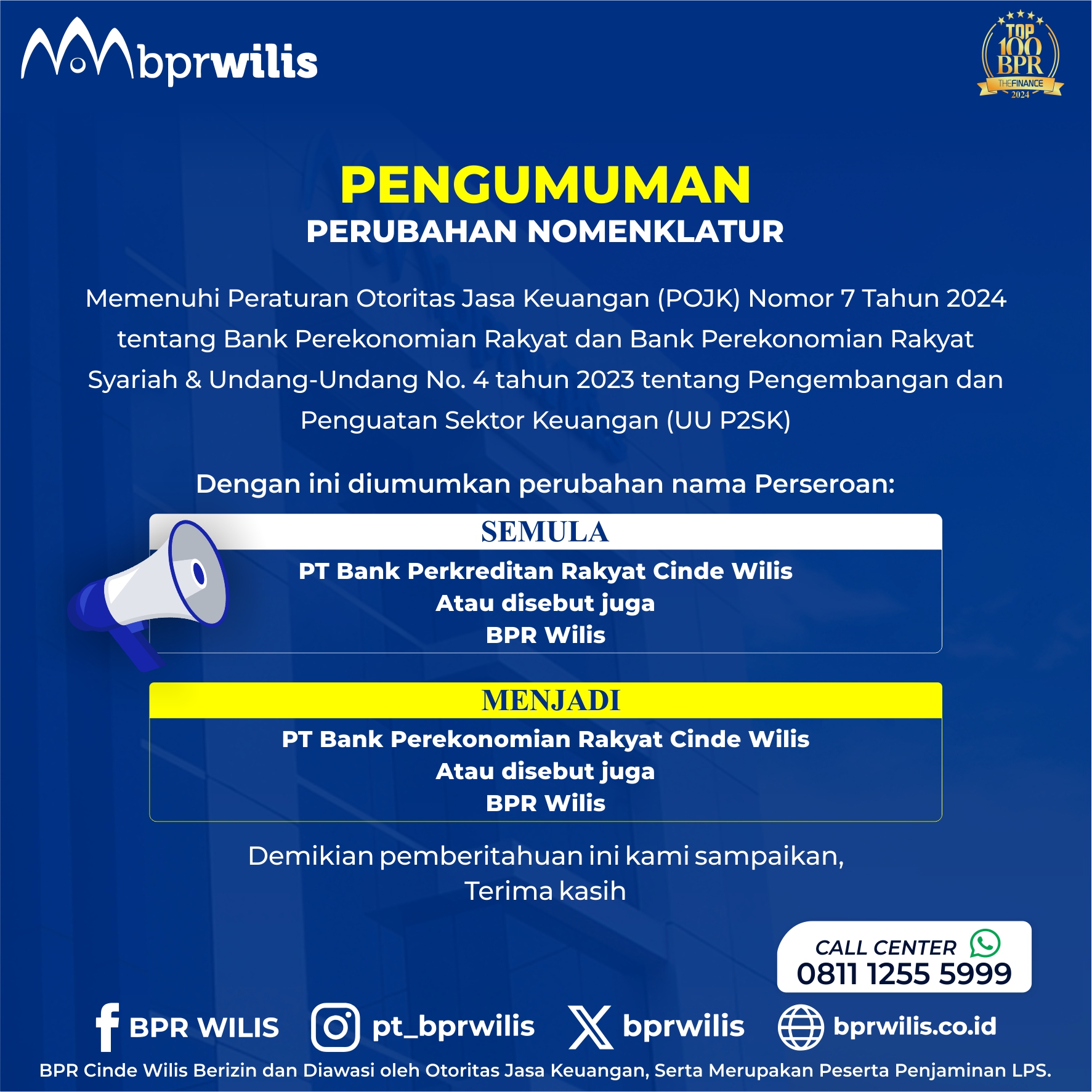 Pengumuman Perubahan Nama Perseroan BPR Cinde Wilis